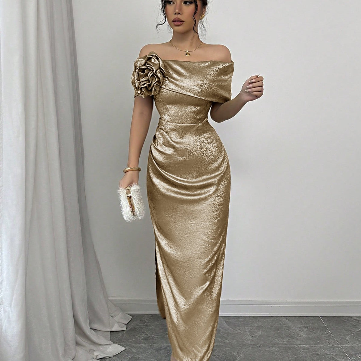 [Elegant Bodycon Dress] Red Women's Elegant Off-Shoulder Bodycon Maxi Dress | Ruching Detail, Low Slit, Waist-Cinching, Perfect for Spring/Summer Events, Formal Event Attire