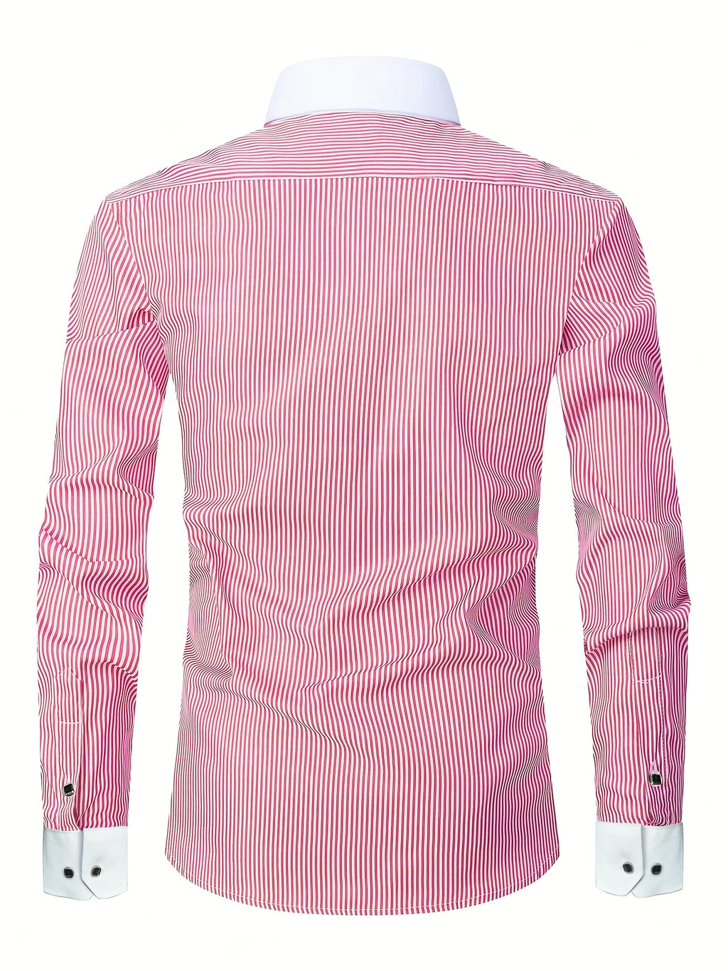 Showlu men's slim fit striped formal shirt with French cuffs, made of polyester, displayed on a hanger.