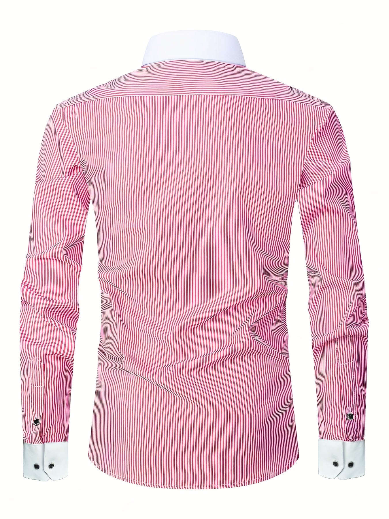Showlu men's slim fit striped formal shirt with French cuffs, made of polyester, displayed on a hanger.