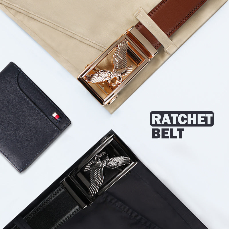 Pair of Showlu men's genuine leather ratchet belts with eagle buckles, featuring sleek black and brown leather straps.