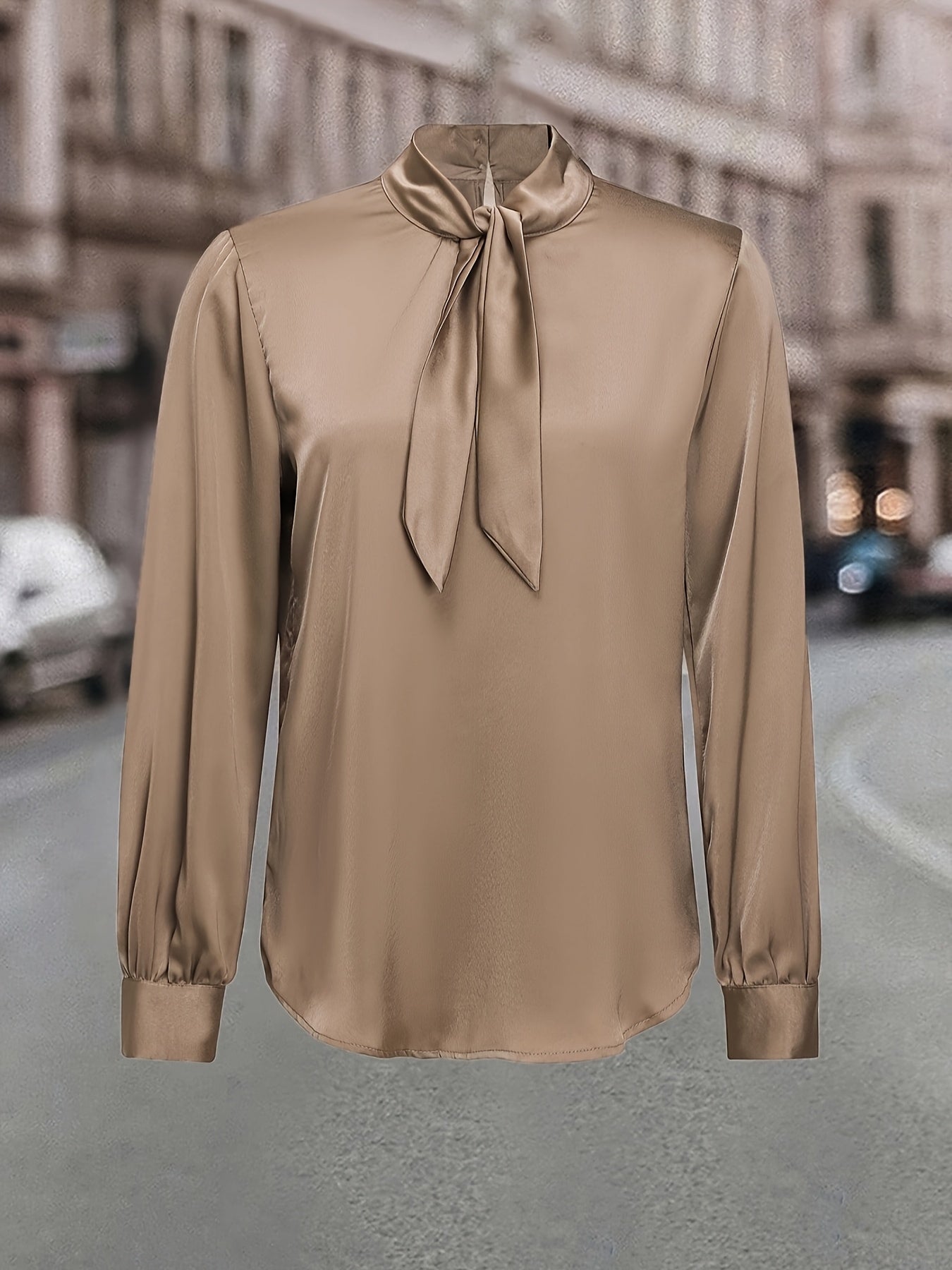 SHOWLU FASHION champagne satin long sleeve shirt with high neck and lace-up front, elegant and stylish for women.