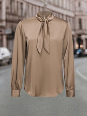 Champagne Satin Lace-Up High-Neck Shirt