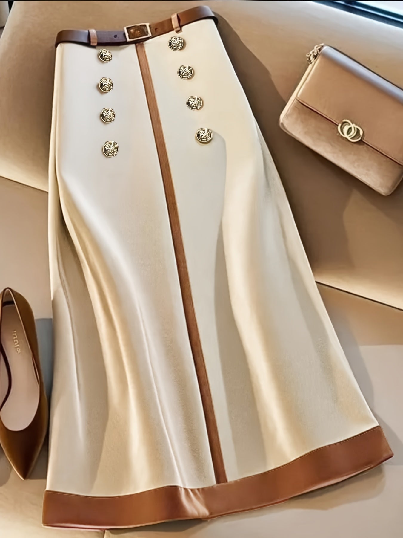 Women's beige and brown metallic accent maxi pantskirt by SHOWLU FASHION, featuring flowing fabric and stylish design.