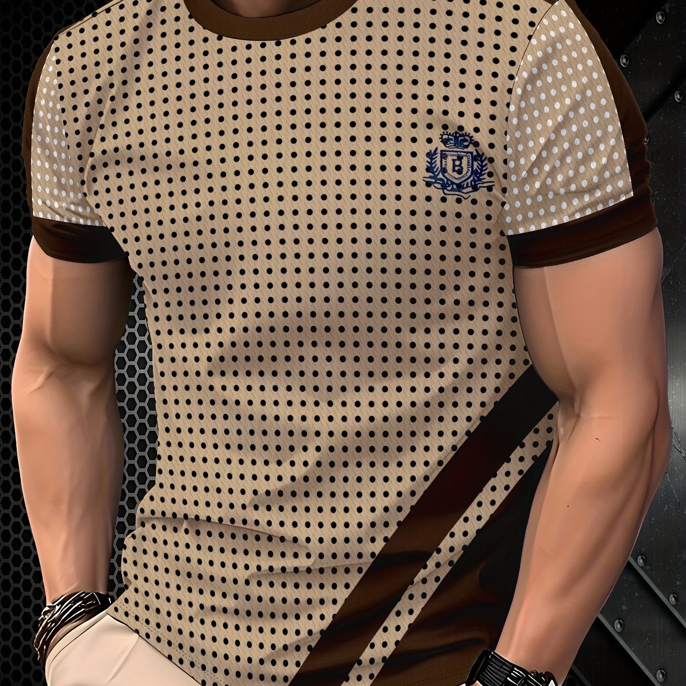 SHOWLU Men's polka dot short sleeve T-shirt with regular fit, made of polyester, featuring a stylish polka dot pattern.