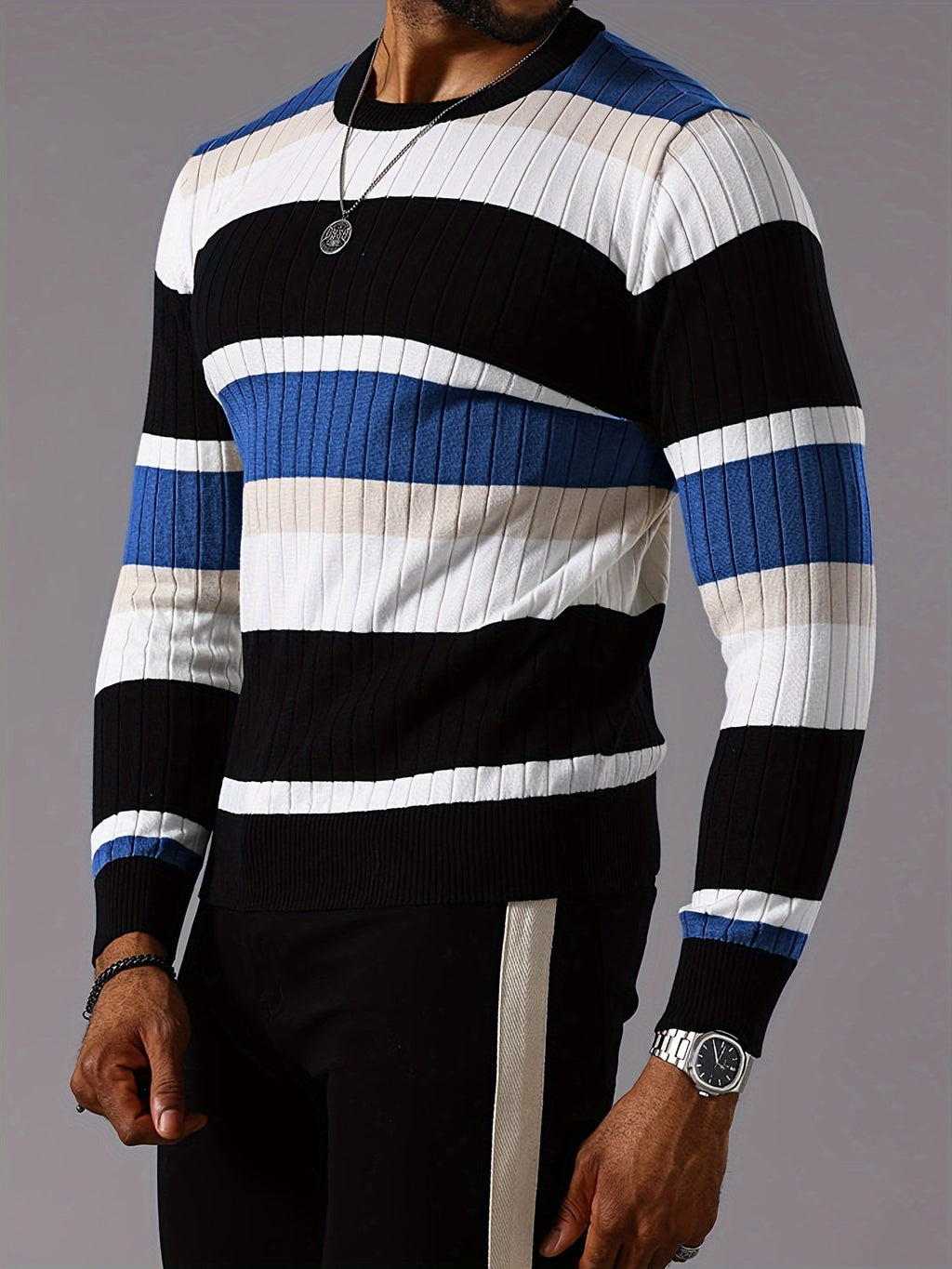 Men's striped ribbed knit sweater with long sleeves and crew neck by SHOWLU FASHION STORE, displayed on a mannequin.