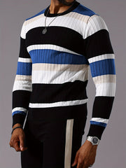 Men's Striped Color-Block Ribbed Knit Sweater - Long Sleeve Round Neck Pullover with Elastic Comfort Fit, Machine Washable Casual Fall Winter Top in Black/White/Green/Beige, Knit Sweater, Medium Elasticity