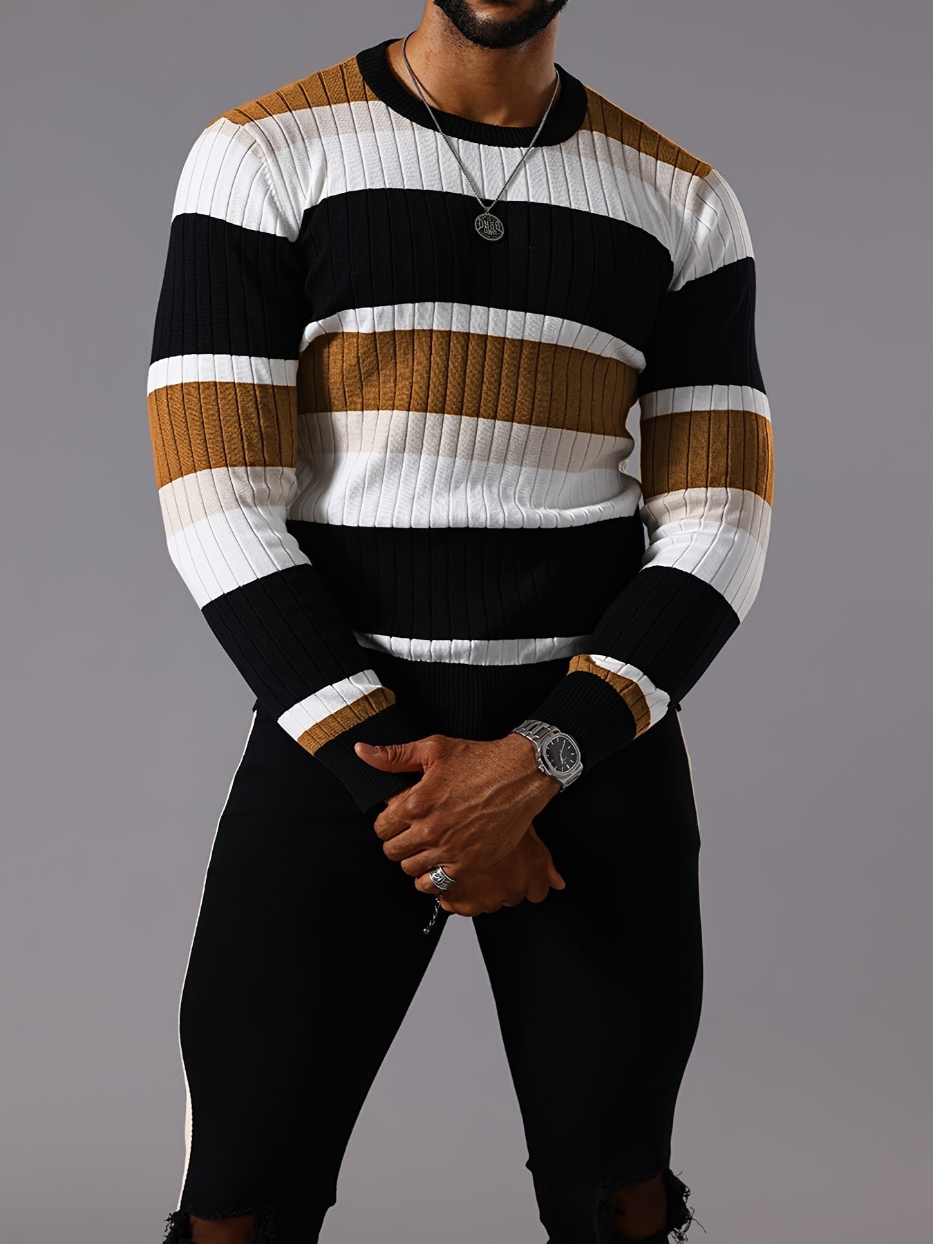SHOWLU Men's striped ribbed knit sweater with long sleeves and crew neck, featuring a stylish, fitted design perfect for casual wear