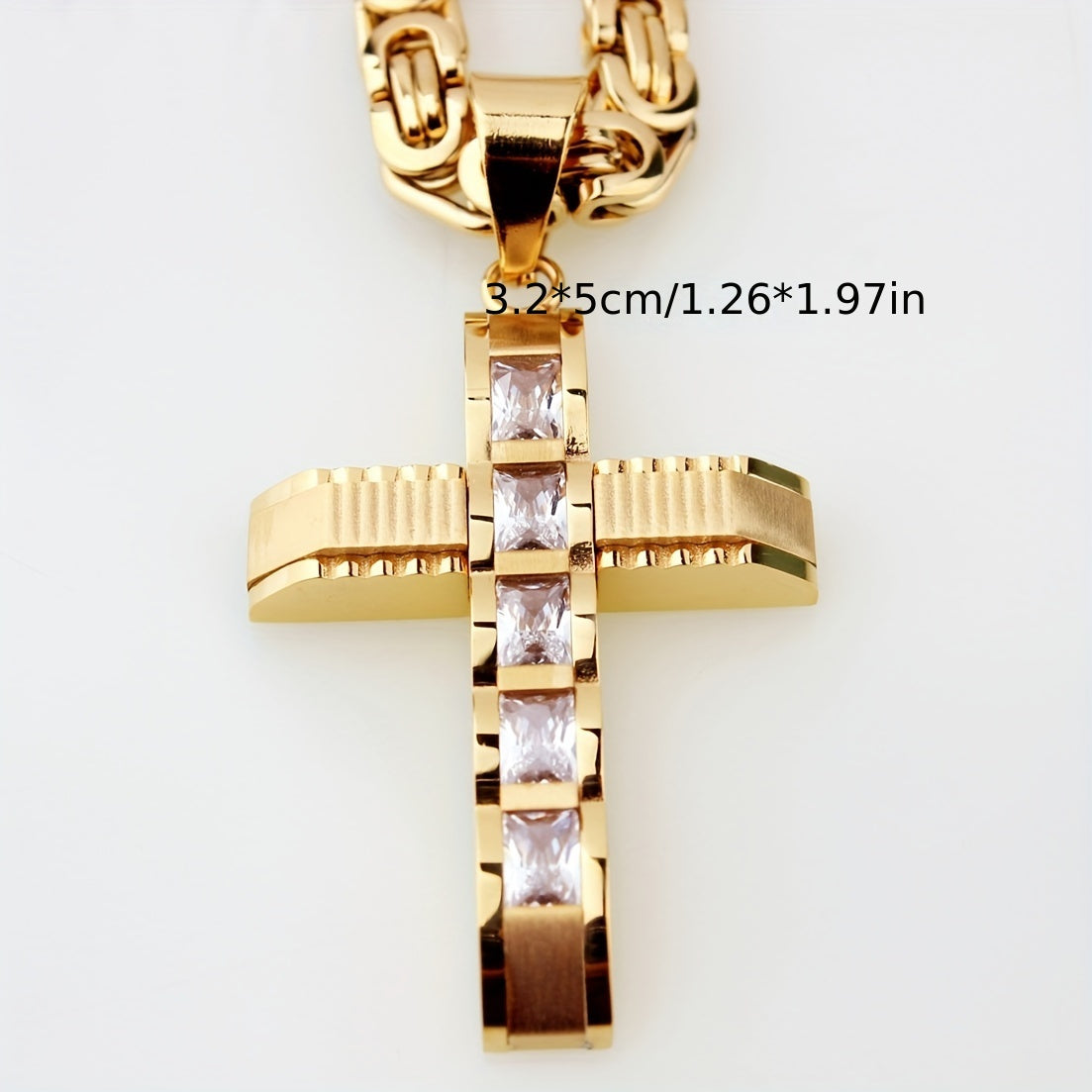 Showlu men's 14K gold plated stainless steel cross pendant necklace hanging on a chain, close-up view showing detailed design.