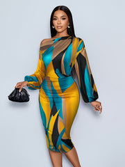 Elegant Off-Shoulder Geometric Print Dress for Women - High Stretch, Machine Washable, Bodycon Fit with Pleated Detail, Perfect for Parties & Events, Formal Gathering Outfit | Elegant Offshoulder Dress | Vibrant Color Dress,