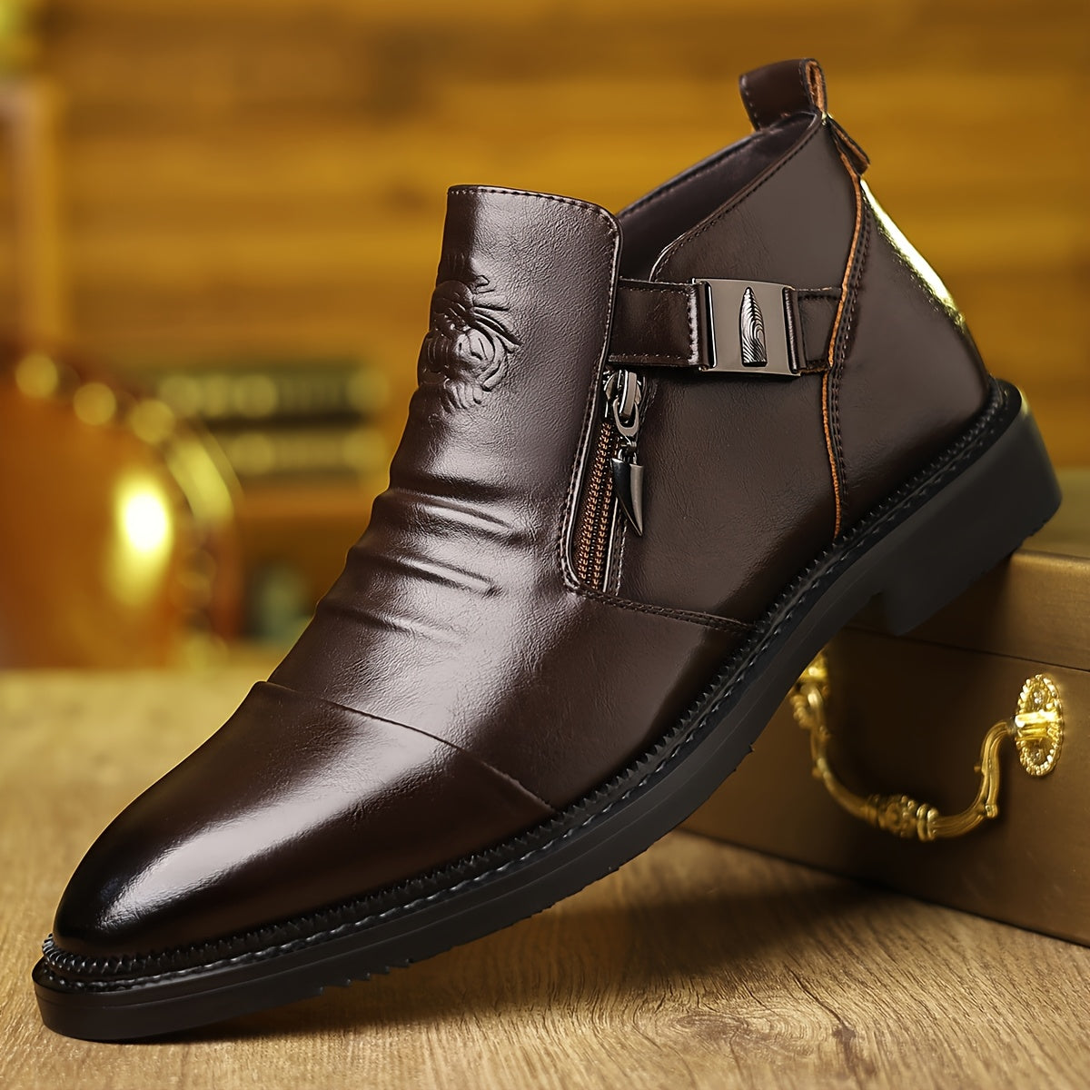 Men's black embossed lion ankle boots by SHOWLU FASHION STORE, glossy PU leather with detailed lion design and sturdy sole.