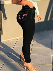Women's High Waist Ankle-Tight Skinny Jeans - Black Plain with Geometric Embroidery Back Pocket, High Elastic Comfort, Casual Street All-Season Denim Trousers