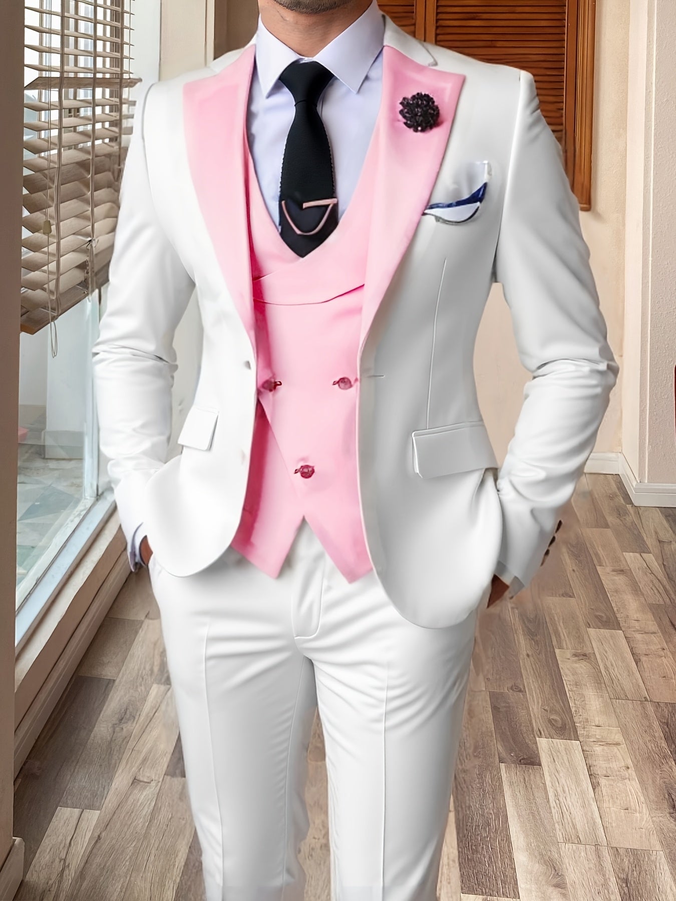 SHOWLU FASHION men's 3-piece slim fit color block wedding suit with notch lapel, featuring a tailored jacket, vest, and matching trousers.