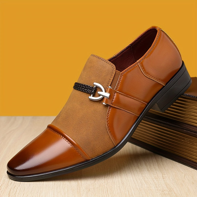 Men's pointed toe slip-on dress shoes by Showlu Fashion, made of PU leather, stylish business loafers for formal occasions.