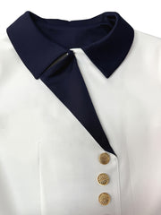 Elegant White Sheath Dress with Blue Collar and Button Detail - Perfect for Adult Women, All Seasons, Formal Events, Formal Attire | Elegant Dress | Lapel Collar Dress