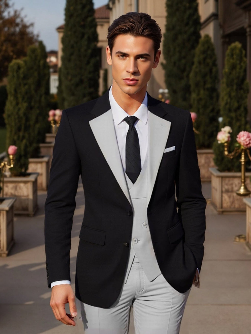 SHOWLU Men's 3-piece slim fit wedding tuxedo with jacket, vest, and pants, formal black suit for weddings and special occasions