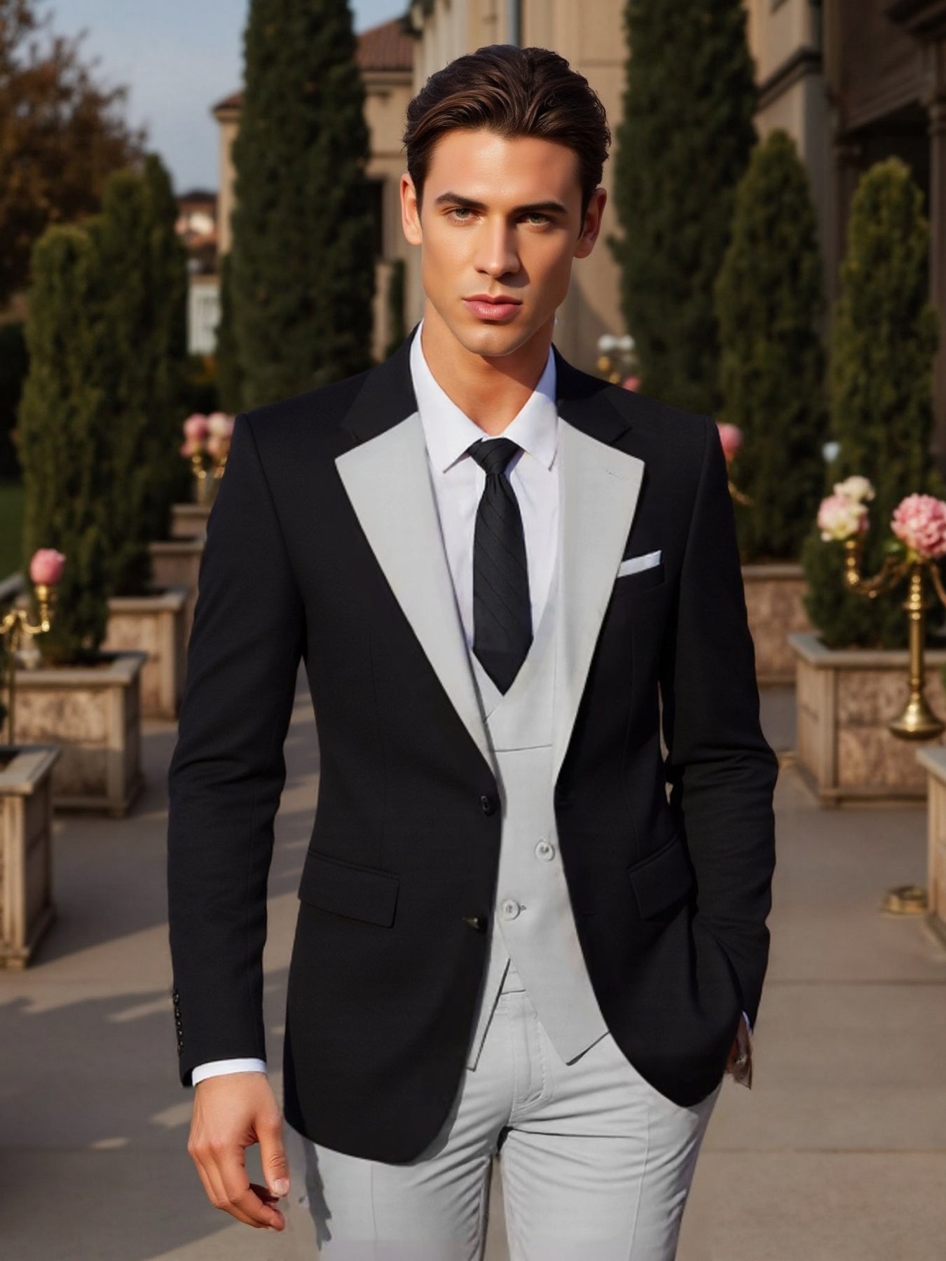 SHOWLU Men's 3-piece slim fit wedding tuxedo with jacket, vest, and pants, formal black suit for weddings and special occasions