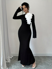 1pc Elegant Women's Long Sleeve Round Neck Solid Color Party Dress with 3D Flower Applique, Spandex Knit Fabric, Bodycon Fit for Adults - All Seasons