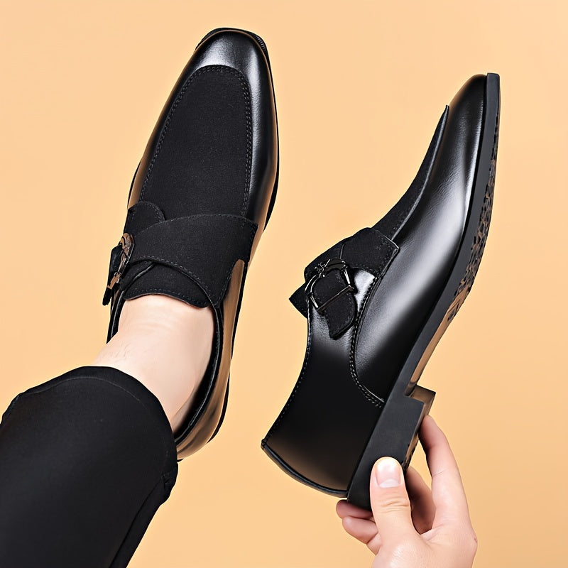 Showlu men's black pointed toe dress shoes made of faux leather, ideal for business formal occasions.