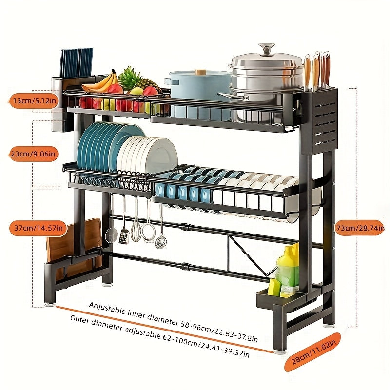 SHOWLU FASHION 2-Tier Expandable Carbon Steel Over Sink Dish Rack with drying space and sturdy design, shown installed over a kitchen sink.