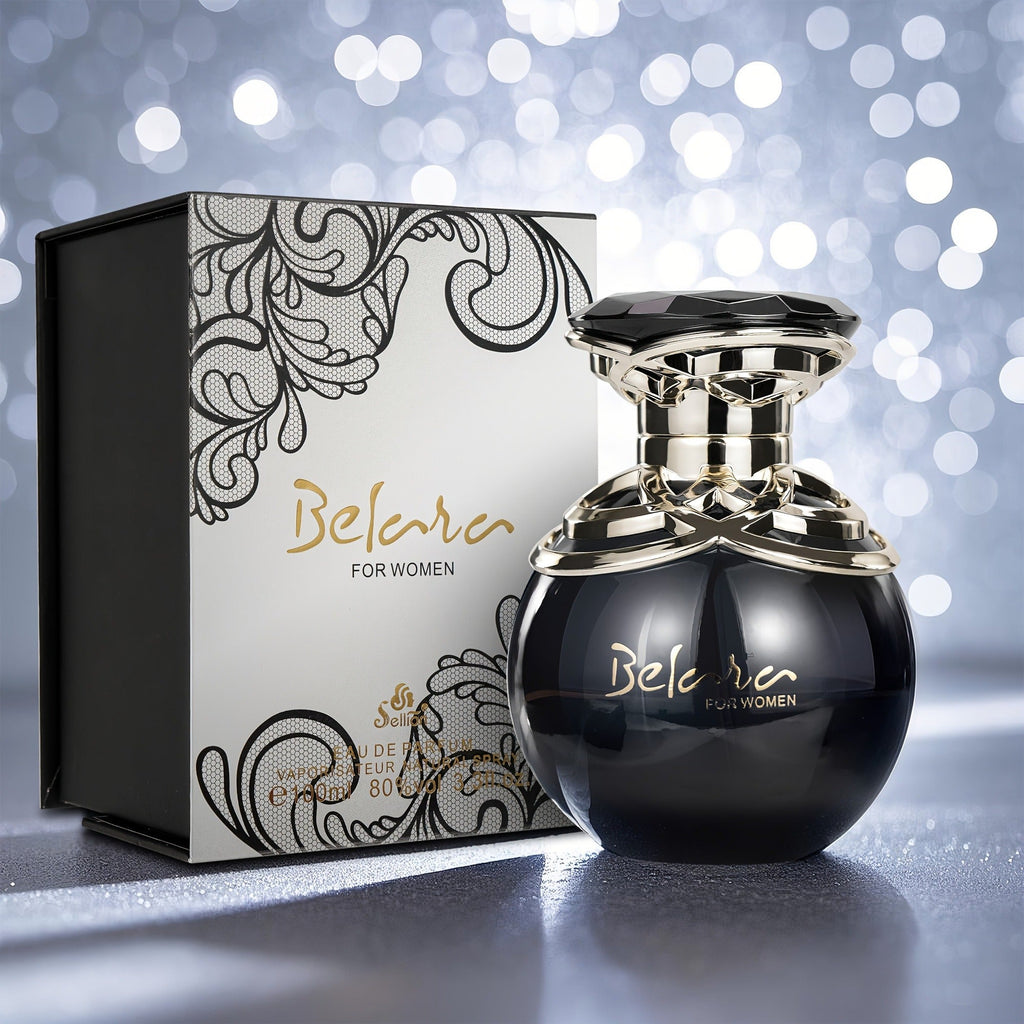 Belara Women's Black Gold Perfume in a floral apple-shaped bottle, showcasing a fresh floral scent and elegant design