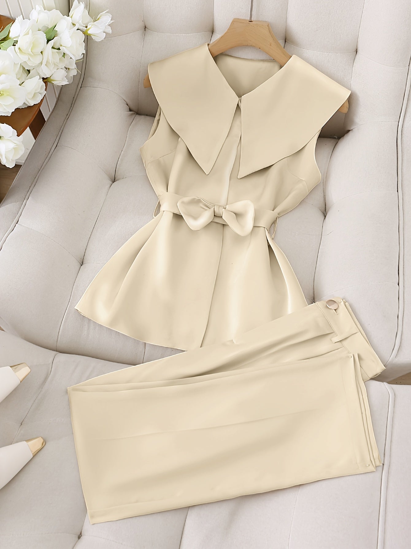 SHOWLU FASHION STORE elegant sleeveless top and long pants set in solid woven fabric, stylish 2-piece outfit for women.