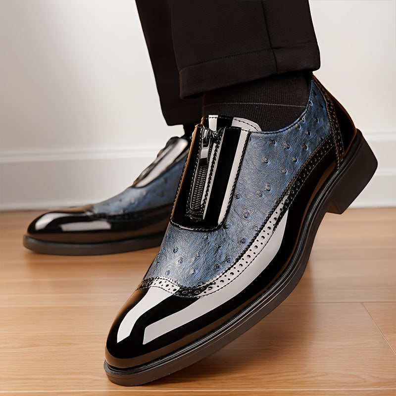 Men's SHOWLU Leather Oxford Shoes with zipper, business casual dress shoes, sleek black leather, stylish and comfortable for formal wear.