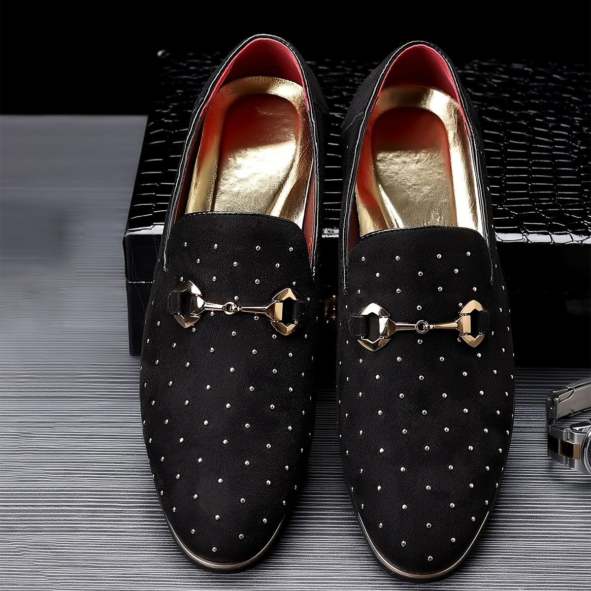SHOWLU FASHION men's horsebit loafers with rhinestone glitter dress shoes, stylish slip-on footwear with sparkling embellishments.