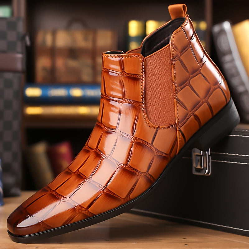 SHOWLU men's pointed toe Chelsea boots with shiny finish, formal short ankle boots, stylish leather footwear for men.