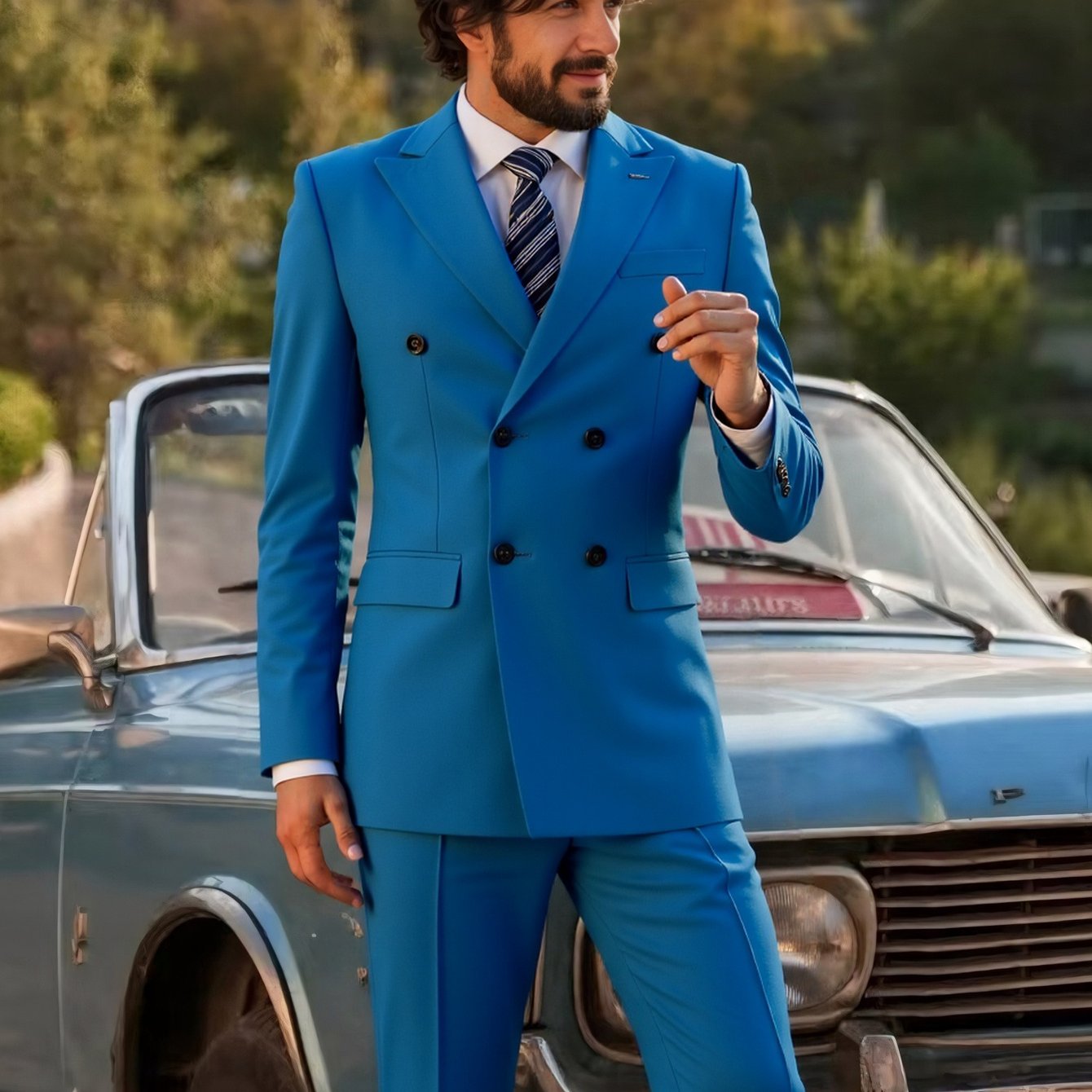 SHOWLU Men's double-breasted slim fit tuxedo suit with peak lapel, featuring a tailored jacket and matching trousers.