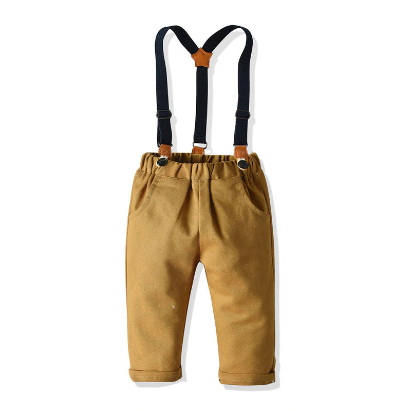 Toddler boys cotton suit by SHOWLU FASHION with suspenders and bow tie, featuring a stylish and comfortable formal outfit.