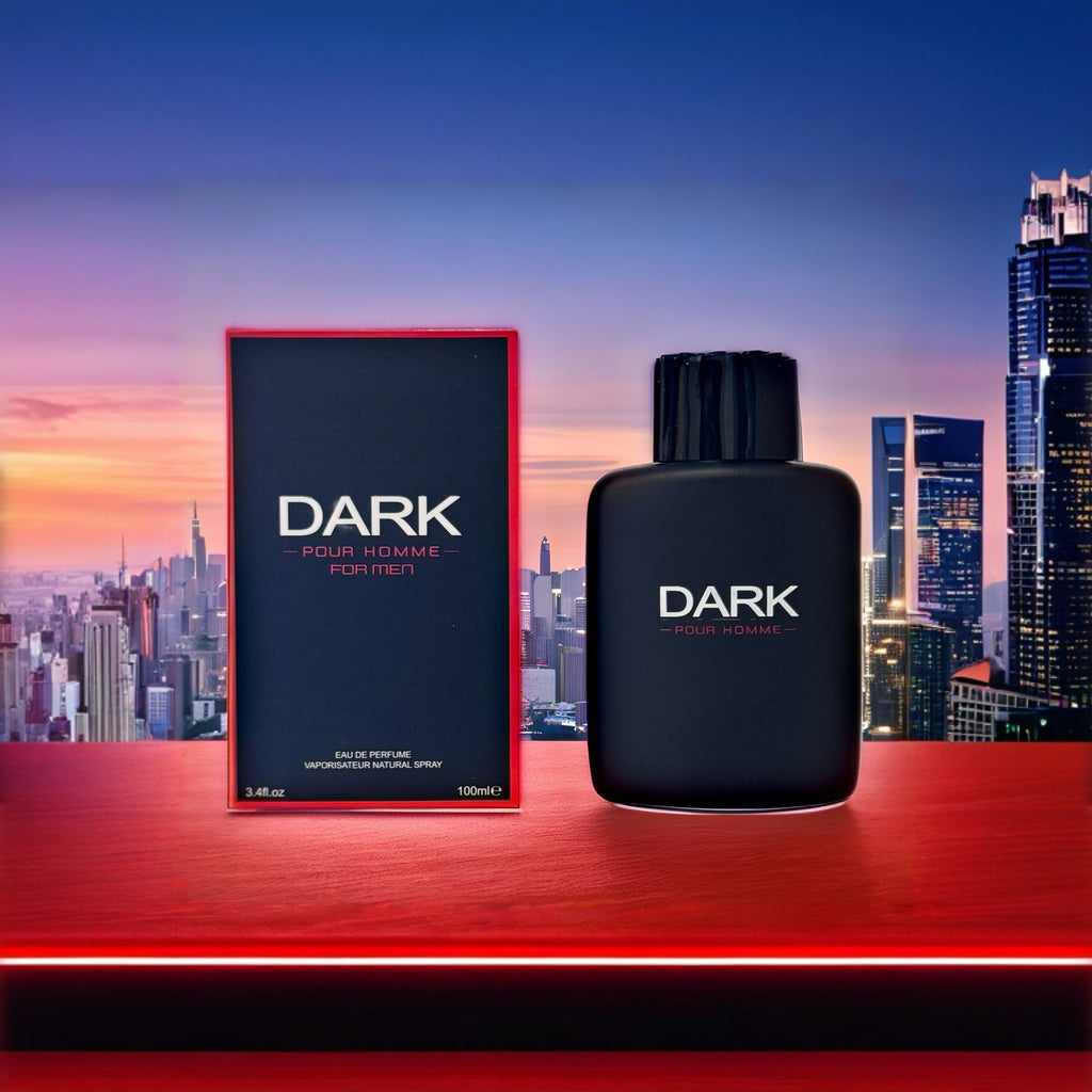 Dark Noir men's Eau de Parfum by SHOWLU FASHION STORE, 3.4oz bottle with lavender and lemon scent, displayed on a neutral background.