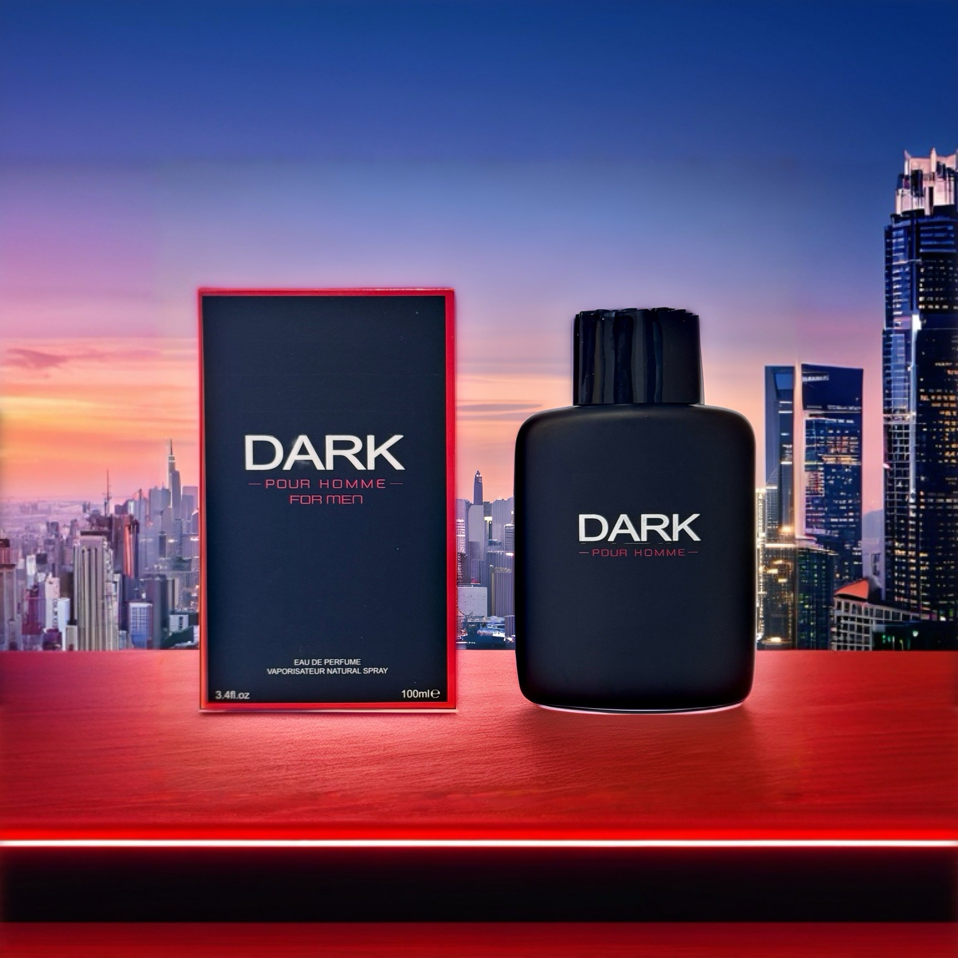 Dark Noir men's Eau de Parfum by SHOWLU FASHION STORE, 3.4oz bottle with lavender and lemon scent, displayed on a neutral background.