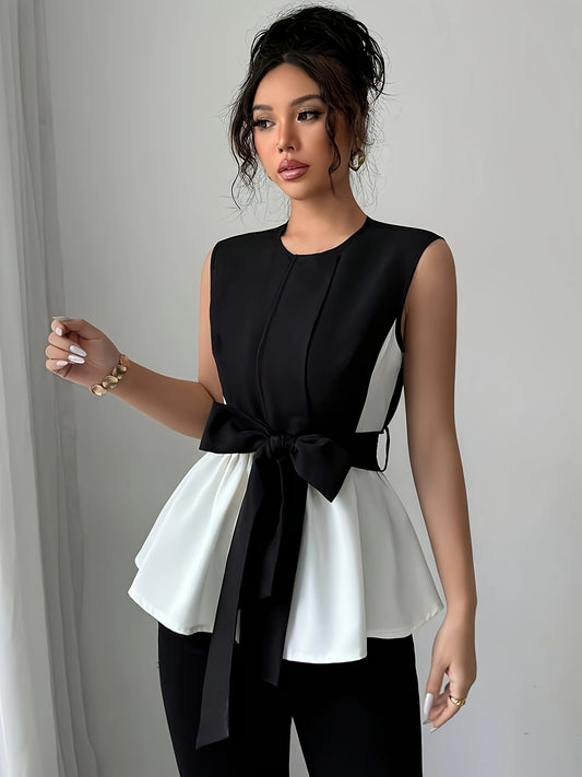 Elegant Women'S Sleeveless Crop Top Blouse with Front Tie - Black & White, Slim Fit, Round Neck, Perfect for Spring and Summer Office or Casual Wear, Spring Fashion | Sleeveless Crop Top | Stylish Bow Detail