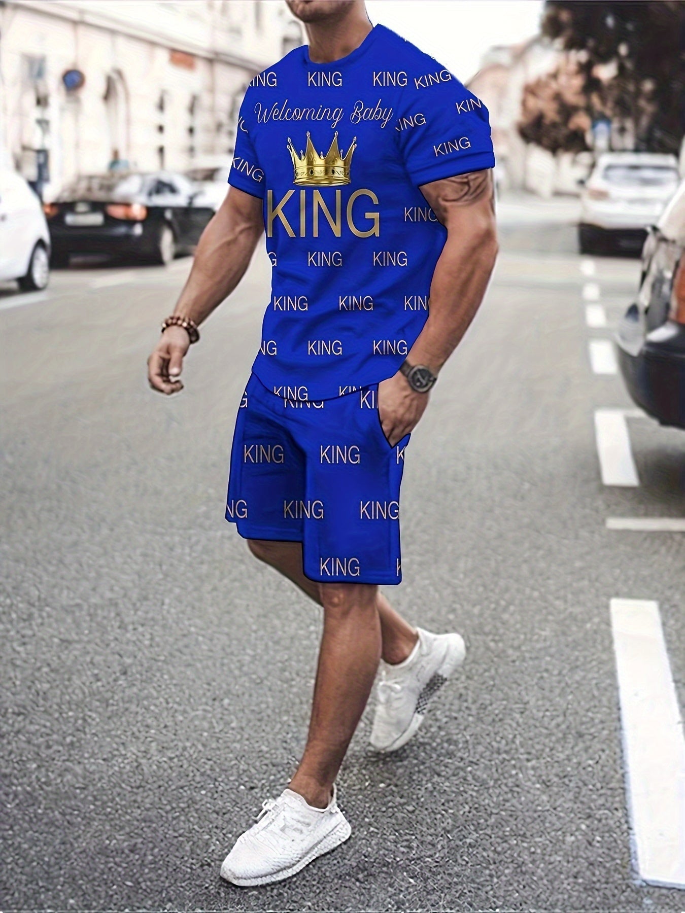 SHOWLU FASHION Men's KING print summer T-shirt and shorts set, featuring bold king graphic on lightweight casual clothing.
