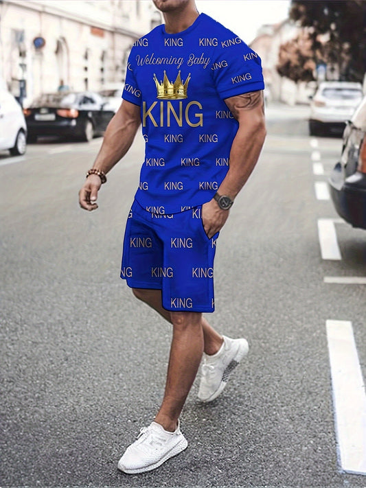 2pcs Men's "KING" Alphabet Print Summer Outfit Set, Men's Short Sleeve Crew Neck T-shirt & Elastic Waist Shorts with Pockets