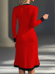 Elegant Women's V-Neck Midi Dress with Contrast Black Trim & Pockets - Long Sleeve A-Line Skirt, Button Detail, Machine Washable Work Commute Dress for Spring Summer Fall, Nontransparent Material, Medium Elasticity Fabric, Of