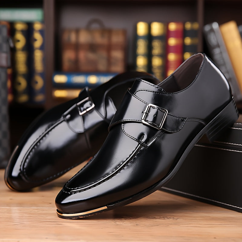 SHOWLU men's pointed toe slip-on business casual shoes in solid black PU leather, with sleek design and smooth finish.