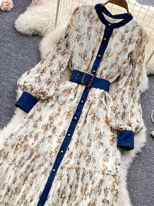 Women's Elegant Floral maxi dress - Long Sleeve A-Line Formal & casual dress with Adjustable belt, Floral print in White/Blue/Beige/, Machine Washable for Spring/Fall/Summer - Office, Party, Wedding Outfit, Party Attire, Roun