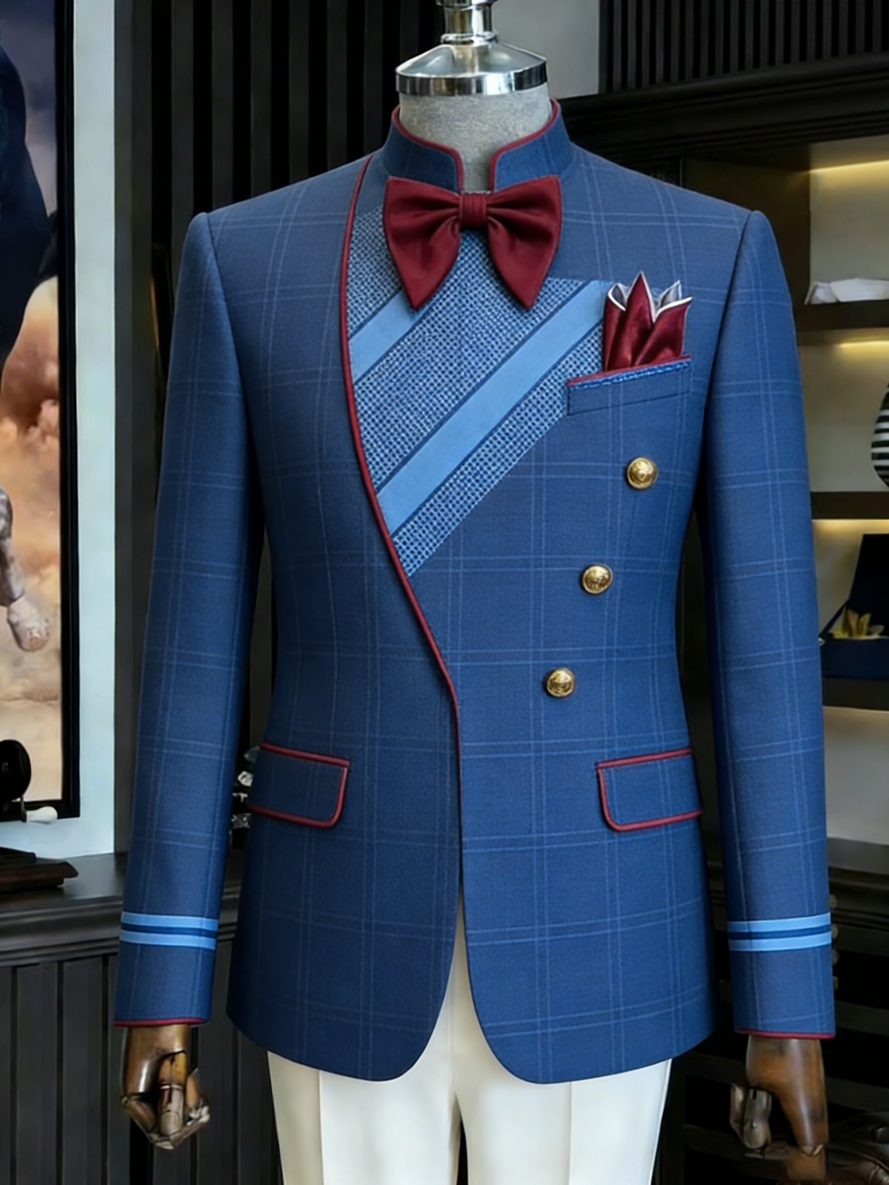 Showlu Men's slim fit double-breasted solid color suit for formal evening wear, featuring tailored design and classic lapel style.