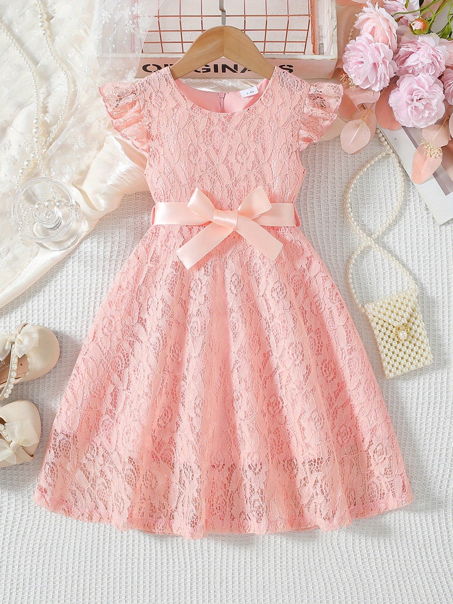 SHOWLU Girls lace fly sleeve summer dress with belt, solid color woven fabric, stylish and lightweight for warm weather.