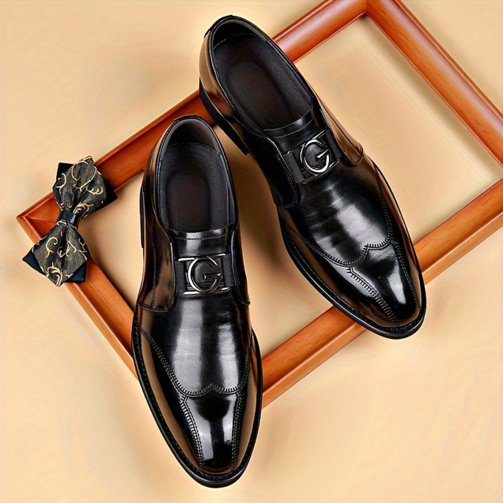 Black SHOWLU FASHION men's pointed toe loafers made of solid PU leather, stylish oxfords with sleek design perfect for formal wear.