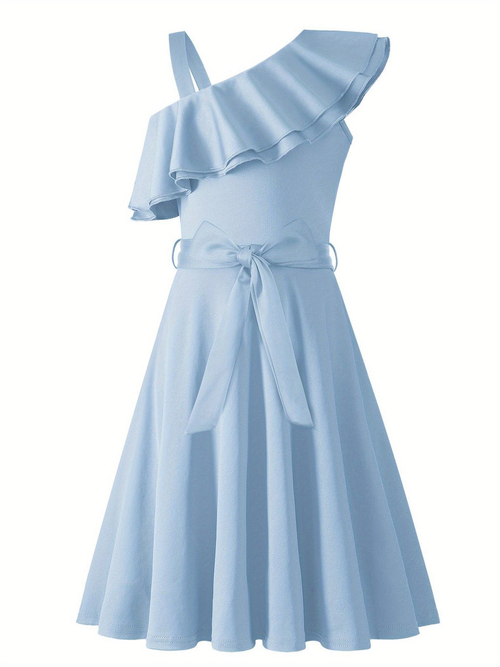 SHOWLU FASHION girls polka dot one-shoulder ruffle A-line dress displayed on a young girl, featuring a playful polka dot pattern and ruffle details.