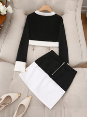 Elegant Two-Piece Set, 2024 New Color Block Polyester Jacket with Button Detail and Skirt, Crew Neck Long Sleeve Placket Design, Spring/Fall Fashion Outfit