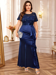 P54328A Elegant Plus Size Lace Satin Sequin Bridesmaid Dress, Round Neck, Short Sleeves, Ruffled Mermaid Hem, Perfect For Weddings, Parties, Formal Events