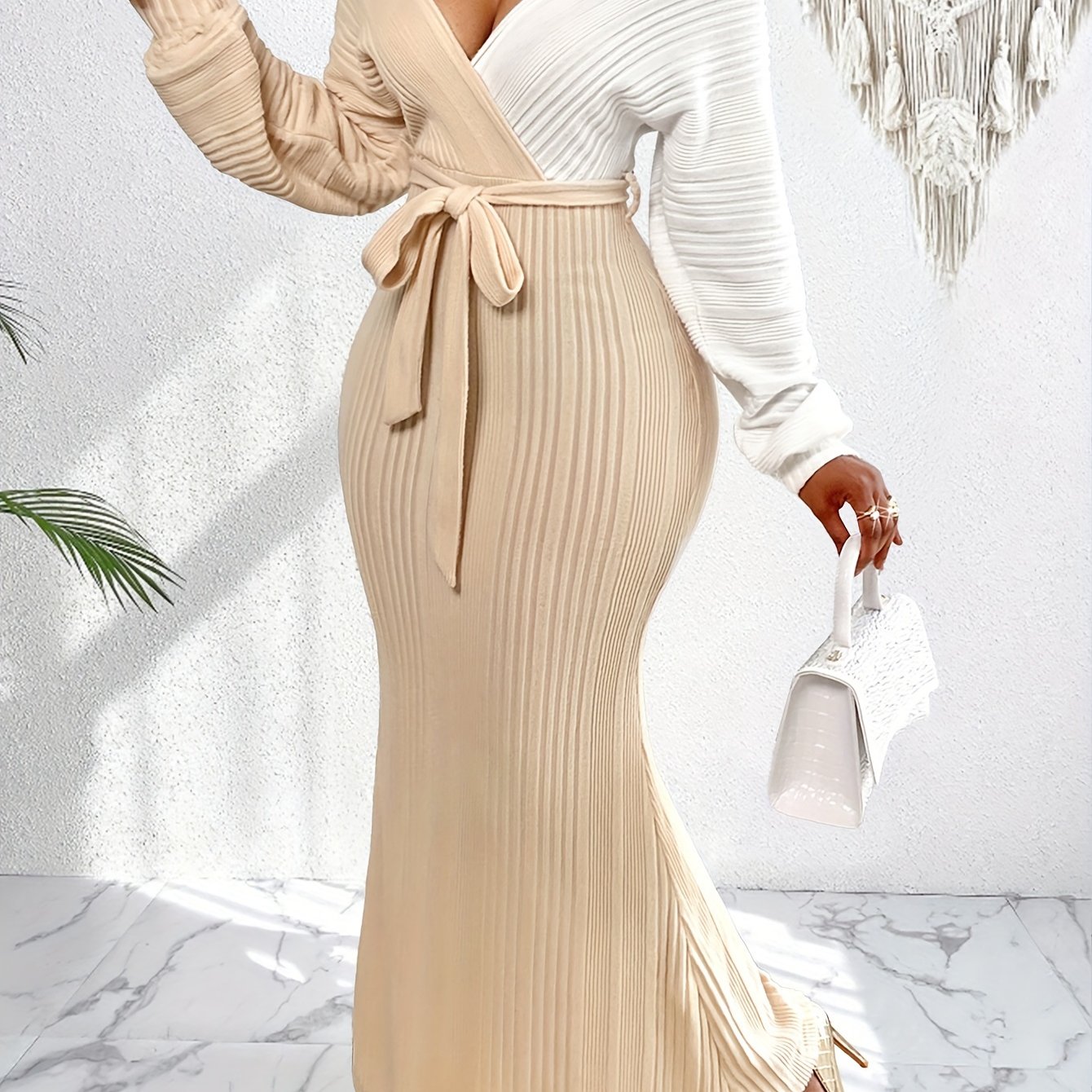 SHOWLU Women's two-tone batwing sleeve V-neck bodycon wrap dress, stylish and fitted for elegant occasions.