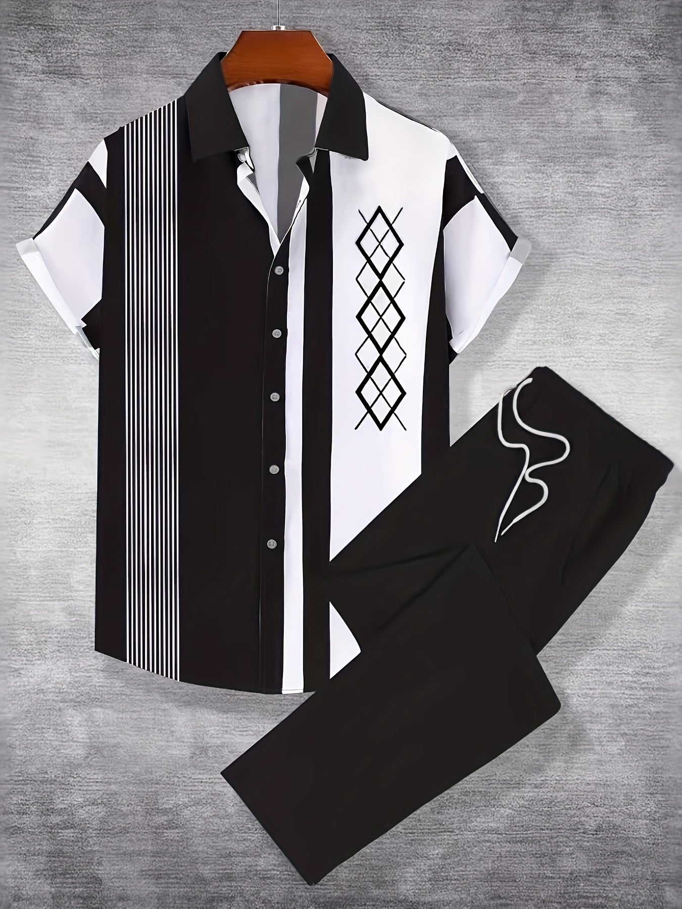 Men's blue and white stripe shirt and pants set with geometric pattern by SHOWLU FASHION STORE, shown laid flat.