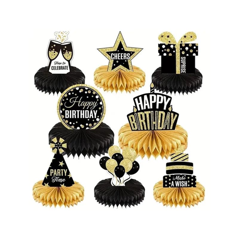 8pcs/24pcs Set of black gold birthday paper honeycomb ornaments birthday party decoration supplies party honeycomb table - SHOWLU FASHION STORE