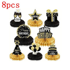 8pcs/24pcs Set of black gold birthday paper honeycomb ornaments birthday party decoration supplies party honeycomb table - SHOWLU FASHION STORE