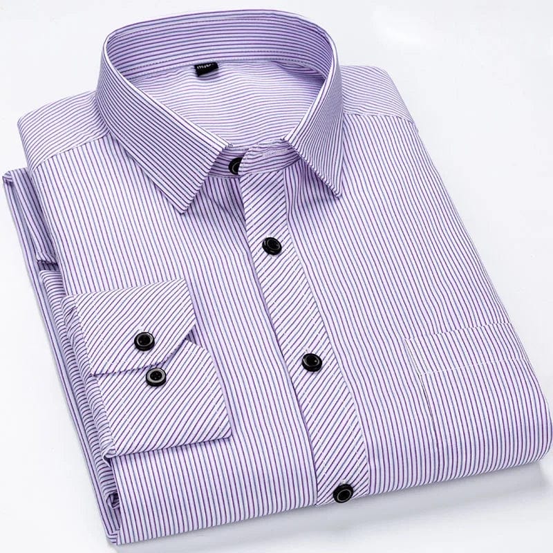 Showlu men's plus size striped dress shirt, long sleeve slim fit business casual shirt for men in 8XL to 6XL sizes.
