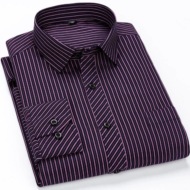 Showlu Men's Plus Size Slim Fit Striped Dress Shirt with long sleeves, ideal for business casual and social occasions.